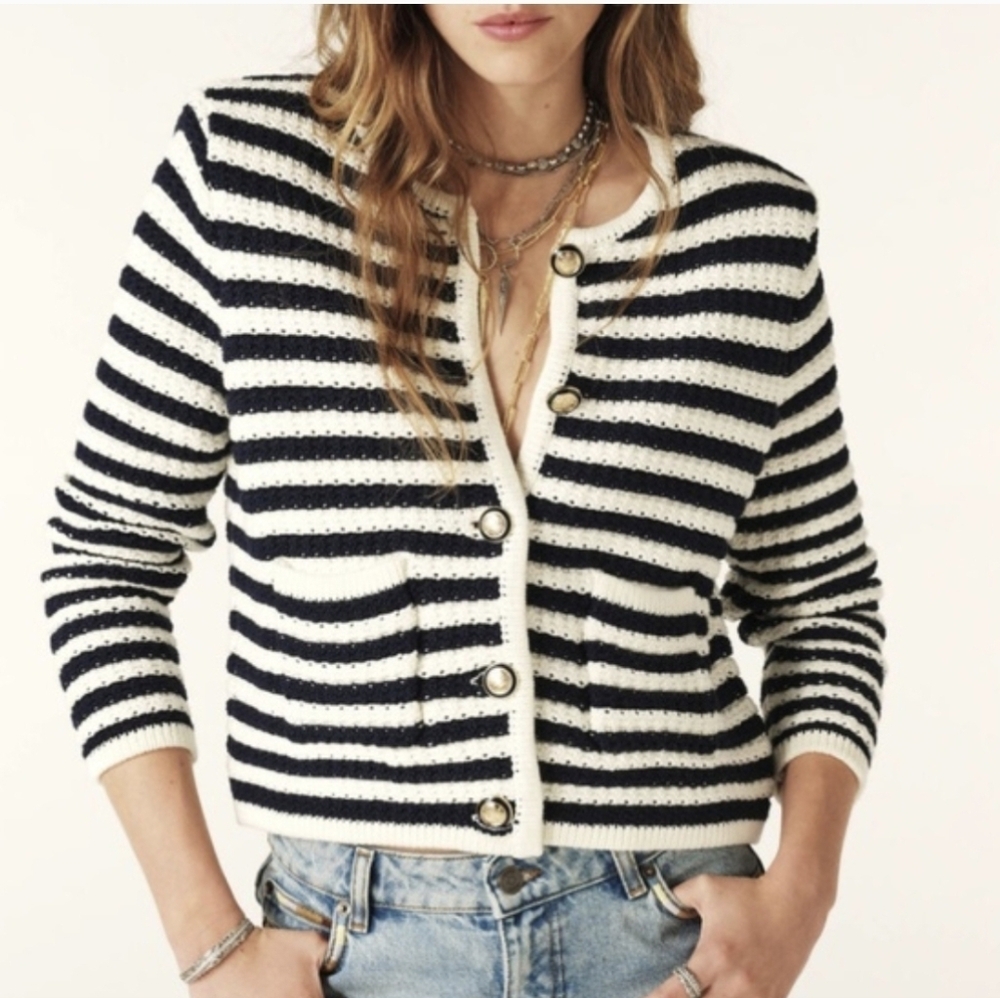 NWT Ba&sh Bash Gaspard Tweed Cardigan Jacket in Ecru Black Stripe 4 size XL